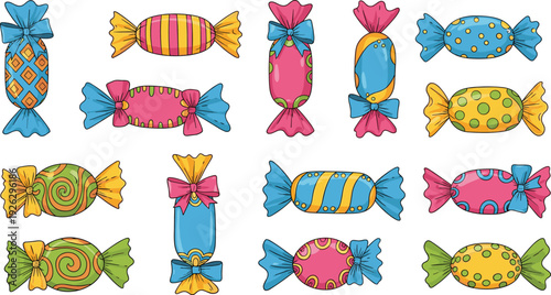 Sweet colorful candy collection with hand drawn style wrapped hard candies and lollipops isolated on white background for birthday party and festive celebration.