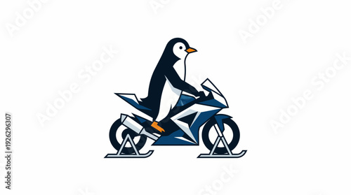 A whimsical vector illustration featuring a cheerful penguin riding a dynamic, custom-built snow motorcycle equipped with skis for an exciting winter adventure, symbolizing speed and unique winter fun