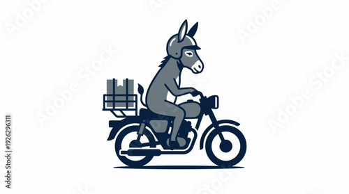 Humorous illustration of a donkey wearing a helmet, riding a motorcycle with a delivery box on the back