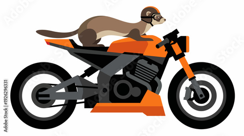 Whimsical illustration of a ferret riding a sportbike, complete with helmet and goggles, embodying speed and adventure