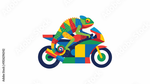 Vibrant Chameleon Rider on a Dynamic Motorcycle, a Colorful Illustration Representing Agility, Speed, and Unique Style on the Open Road