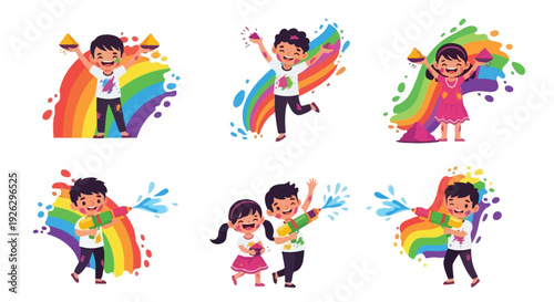 Children joyfully celebrating a colorful festival with rainbows and vibrant splashes