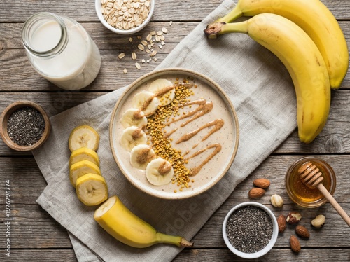 Overhead Flat Lay of Banana Smoothie Bowl with Ingredients on Wood