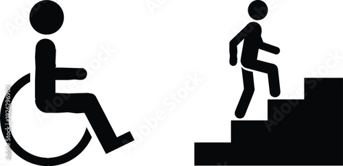 Accessibility Icons Featuring Wheelchair User and Person Climbing Stairs Symbol