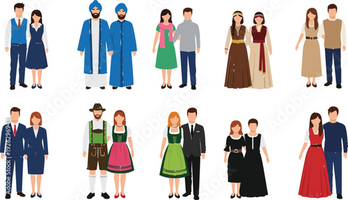 Couples in Traditional Cultural Outfits Featuring Various International Styles and Attire