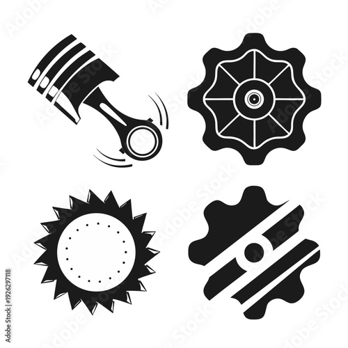 engine parts vector, piston with connecting rod illustration, industrial gears vector, mechanical components line art, automotive technical graphic, engine diagram icon, mechanical engineering vector,