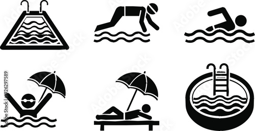 Swimming and Pool Icons Featuring Swimmers, Pool Ladders, Umbrella, and Water Activities