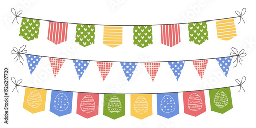 Simple Easter flag garland border set. Collection of cute colorful pennants. Easter decoration patterned flags with eggs, striped, hearts, dots, plaid ornaments