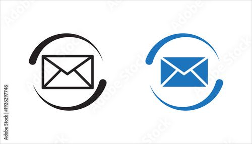 Modern email message icon featuring an envelope symbol surrounded by a circular arrow shape. Minimalist black line vector design isolated on white background, suitable for communication, inbox, send, 