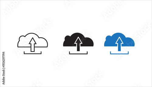 Cloud upload outline icon with upward arrow. Editable stroke vector illustration representing data transfer, backup, synchronization, and cloud computing services.