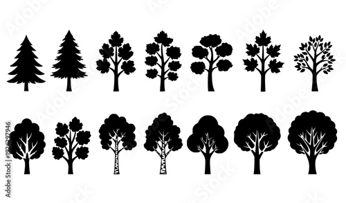 Black Tree Silhouette Vector Icon Set with Diverse Pine and Leafy Shapes