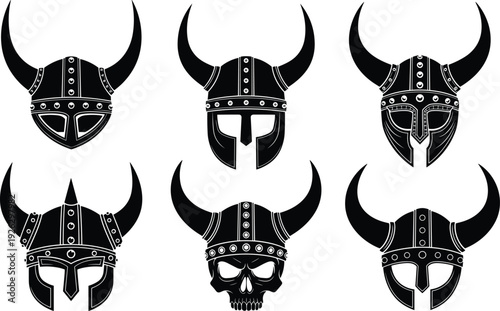 Black vector silhouette set of six viking helmets with horns including warrior headwear and a skull for medieval history gaming and nordic branding