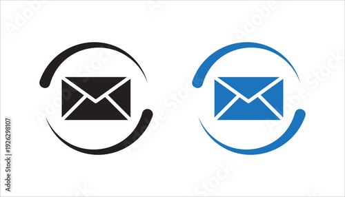 Modern email message icon featuring an envelope symbol surrounded by a circular arrow shape. Minimalist black line vector design isolated on white background, suitable for communication, inbox, send, 