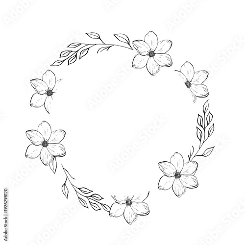 Vector delicate flower frame, wreath. Hand painted linear contour magnolia, sakura, twig with leaves. Graphic clipart isolated. Botanical, tattoo and wedding illustration. For designers, invitations