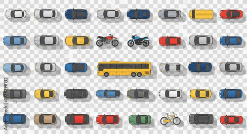 Overhead view of various vehicles including cars, buses, and motorcycles on a transparent background.