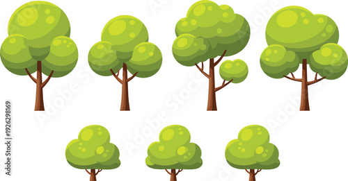 Flat vector green tree and bush collection with various rounded lush foliage shapes for nature landscape and environmental design isolated.