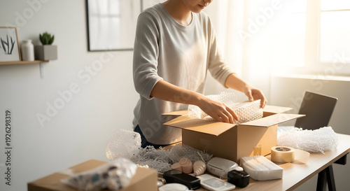 Person packing a box with items on a table