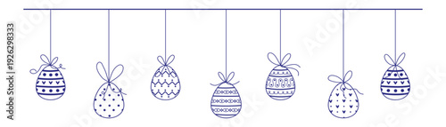 Happy Easter ink border. Easter decoration with line eggs. Hanging hand drawn outline Easter eggs border. Simple doodle folk eggs bunting.