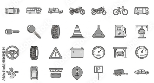 Collection of various transportation vehicles and related objects in monochrome style.