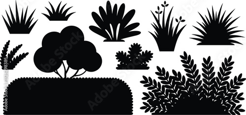 Black tree and bush silhouette set, garden plants shrubs grass hedge collection isolated for landscape design flat vector illustration