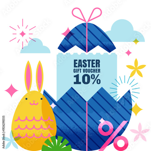 Easter egg present vector illustration. Open egg with discount coupon and bunny. Sale banner poster, gift voucher design