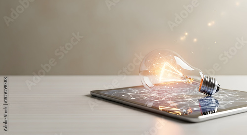 Light bulb on a laptop keyboard on a table