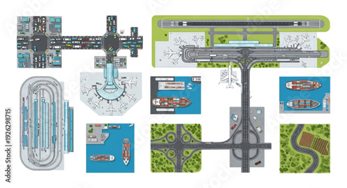 Overhead view of various road and transportation infrastructure designs.