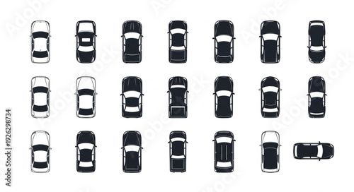 Overhead view of various black car silhouettes arranged in a grid pattern on white background.