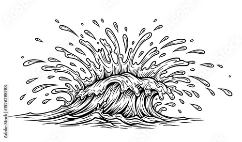 Dynamic water splash wave bursting liquid motion hand drawn illustration isolated on transparent background