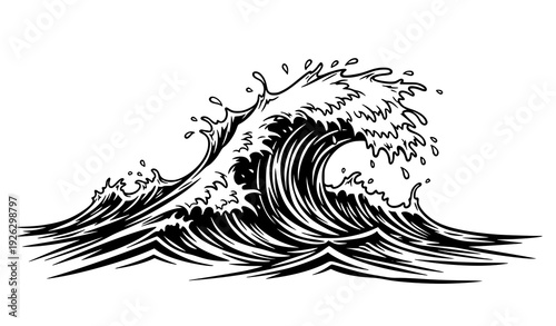 Artistic hand drawn water splash wave with droplets line art vector isolated on transparent background