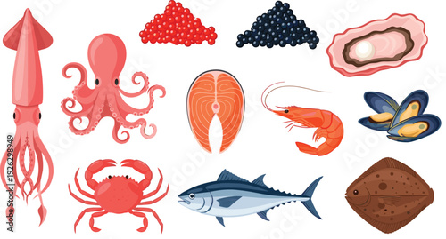 Gourmet fresh seafood collection with salmon steak tuna octopus crab shrimp caviar and oyster with pearl vector illustration isolated.