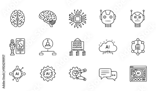 Editable artificial intelligence line icon set with AI brain, chip, robot, and digital technology symbols