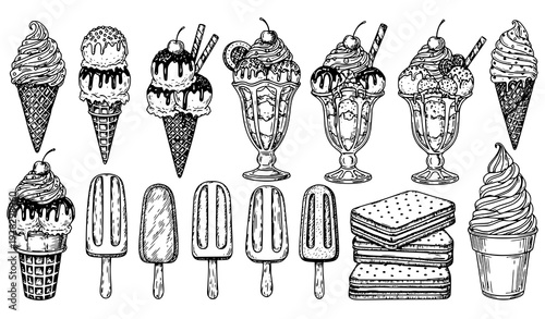 Hand drawn black and white ice cream cones sundaes and popsicles doodle vector isolated on transparent background