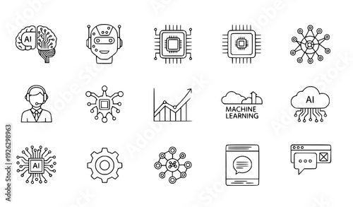 Modern editable line artificial intelligence icons for AI, technology, digital, and machine learning graphics