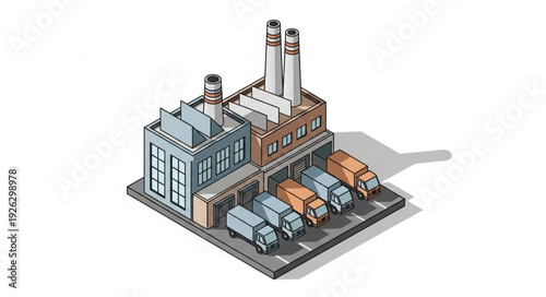Isometric Factory Building with Trucks.