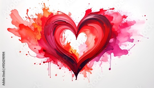artistic heart shape created with red and pink oil paint splashes on white background. red heart with paint