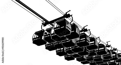 Cable car transportation system with multiple cabins moving up the mountain.