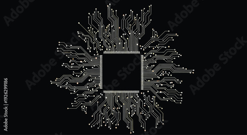 a highly detailed silhouette of a circuit board, with interconnected lines and glowing nodes,” “intricate details, dark background