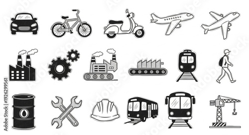 Collection of various transportation vehicles and industrial elements in monochrome style.