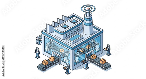 Isometric Factory Building with Workers.