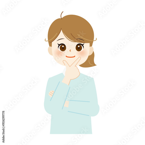 あごに手を当てて考える女性のイラスト　思案・悩み・検討05