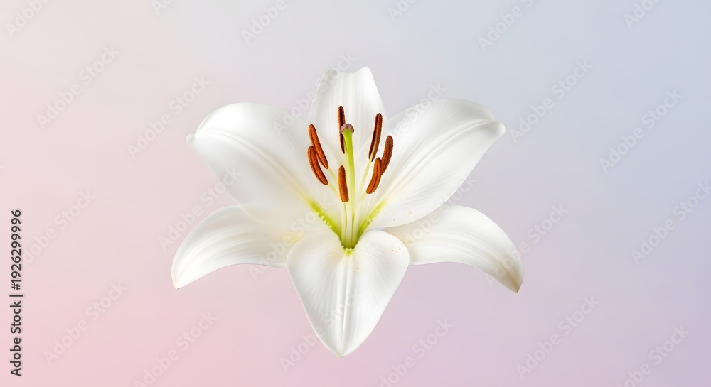 Obraz premium A close-up, detailed view of a pristine white lily flower with prominent stamens and pistil against a soft, gradient background.
