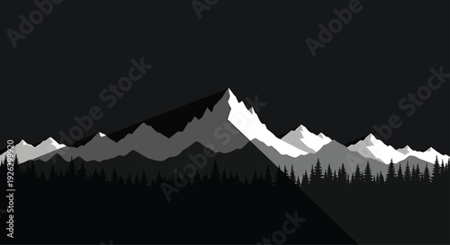 a silhouette of a landscape (e.g., mountains, forest), with a dramatic, dark shadow cast upon it,” “dark background