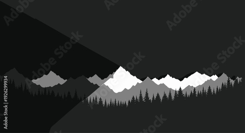 a silhouette of a landscape (e.g., mountains, forest), with a dramatic, dark shadow cast upon it,” “dark background