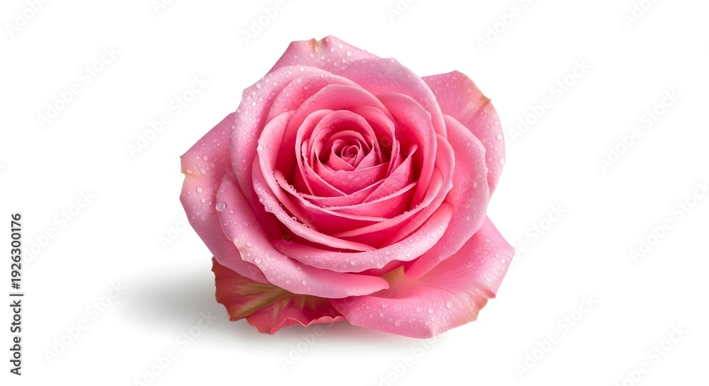 Fototapeta premium A single, delicate pink rose with water droplets on its petals, set against a clean white background.