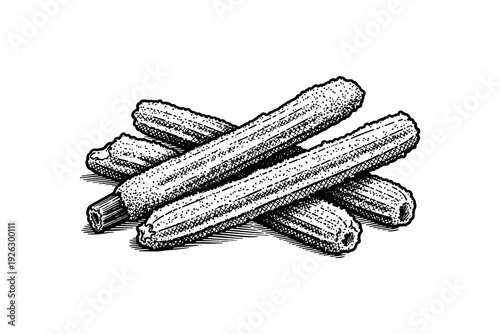 Vintage engraving of churros in classic black and white style