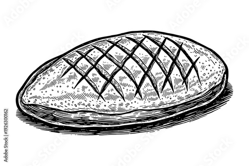 Hand drawn loaf of bread with crisscross pattern in vintage engraving style