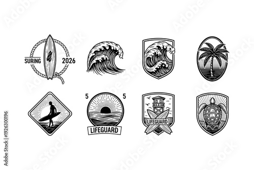 Surfing and beach adventure icons: vintage monochrome collection