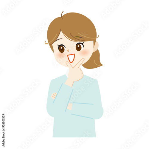 あごに手を当てて考える女性のイラスト　思案・悩み・検討12