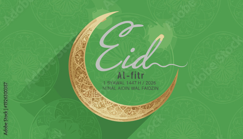 Elegant Eid Al-Fitr Islamic Holiday Greeting Card with Golden Crescent Moon and Calligraphy on Green Background